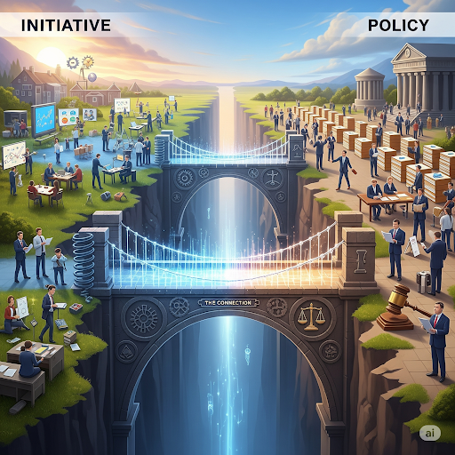 Futuristische illustratie van een verbonden stad, waarin burgers en professionals samenwerken aan maatschappelijke impact. Symboliseert innovatie, samenwerking en het activeren van het uitdaagrecht.