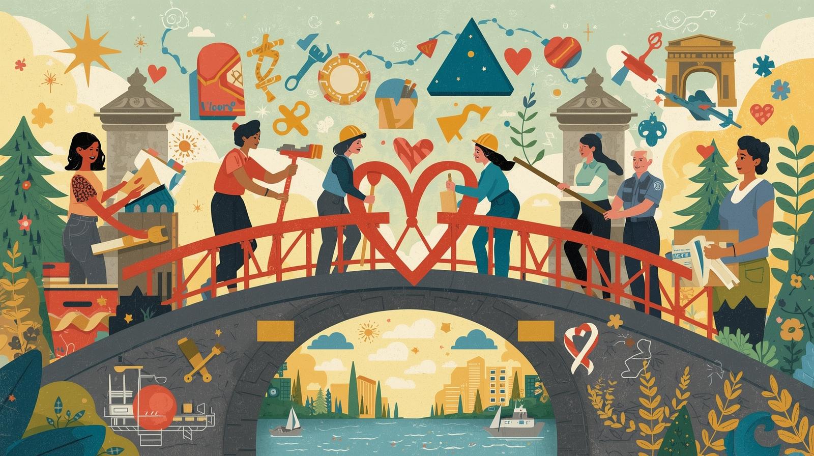Afbeelding van een brug waarop mensen staan, als symbool voor de verbinding tussen burgers en ambtenaren. Beeldt samenwerking, vertrouwen en het overbruggen van beleidskaders naar betrokken burgerschap uit.