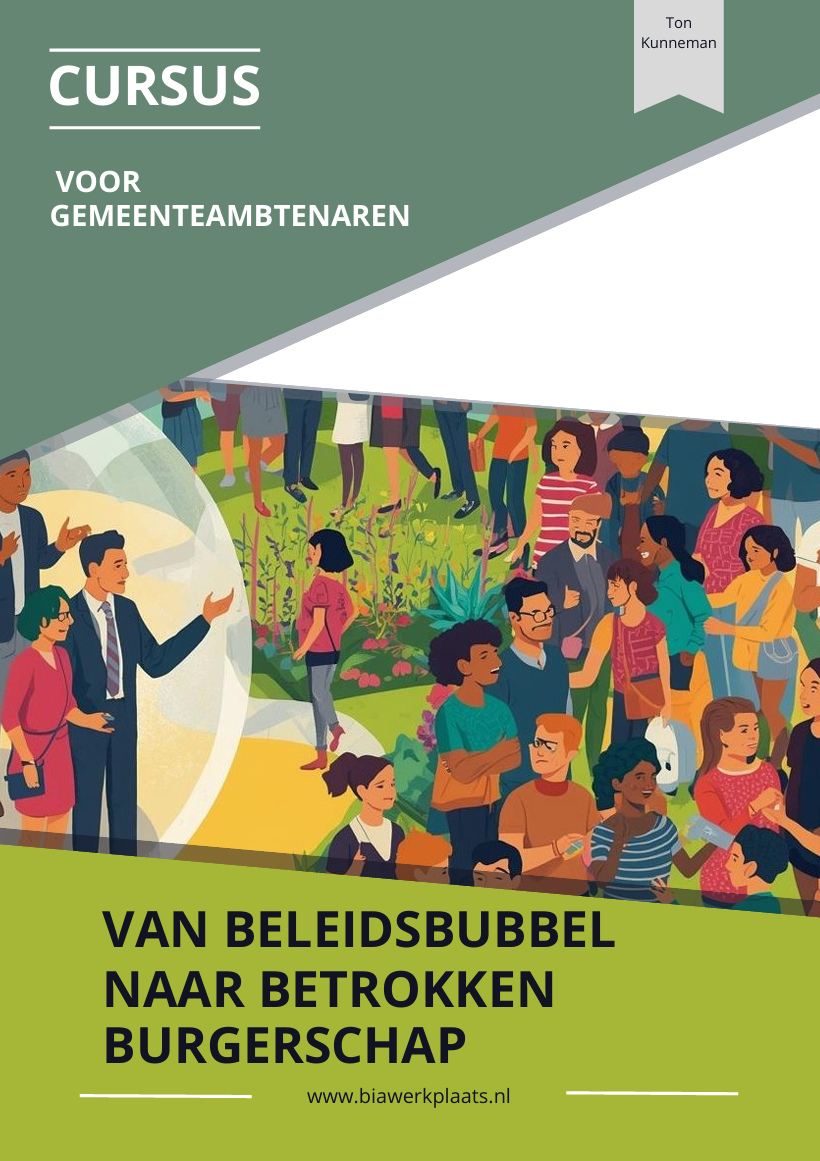 openbare ruimte. De afbeelding ondersteunt de cursus “Van Beleidsbubbel naar Betrokken Burgerschap” voor gemeenteambtenaren en symboliseert de overgang van beleidsdenken naar actieve burgerparticipatie. 
